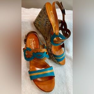 L’Artiste By Spring Step Sharina Wedge Sandal Size 41 Teal and Brown Leather